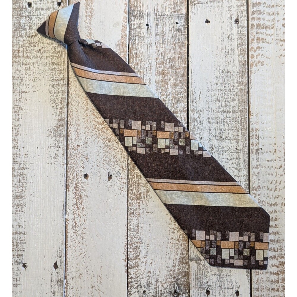 Vintage Groovy Disco Era Geometric Pattern Men's Clip On Tie Neckwear Brown